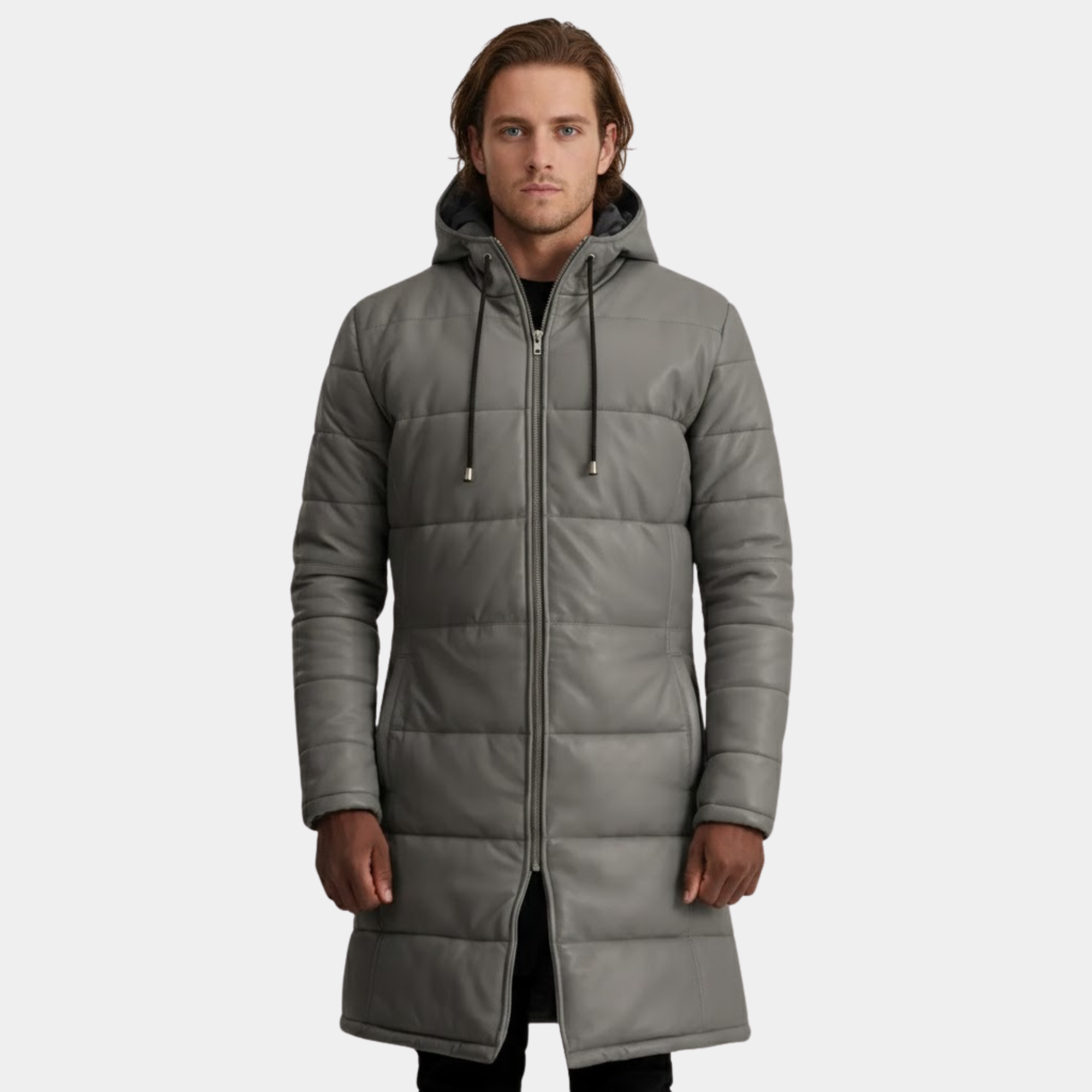 Floyd Grey Hooded Leather Puffer Coat - Leather Clan