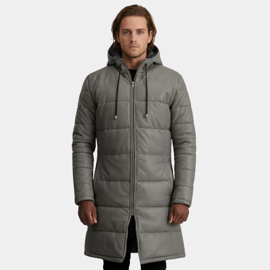 Floyd Grey Hooded Leather Puffer Coat - Leather Clan
