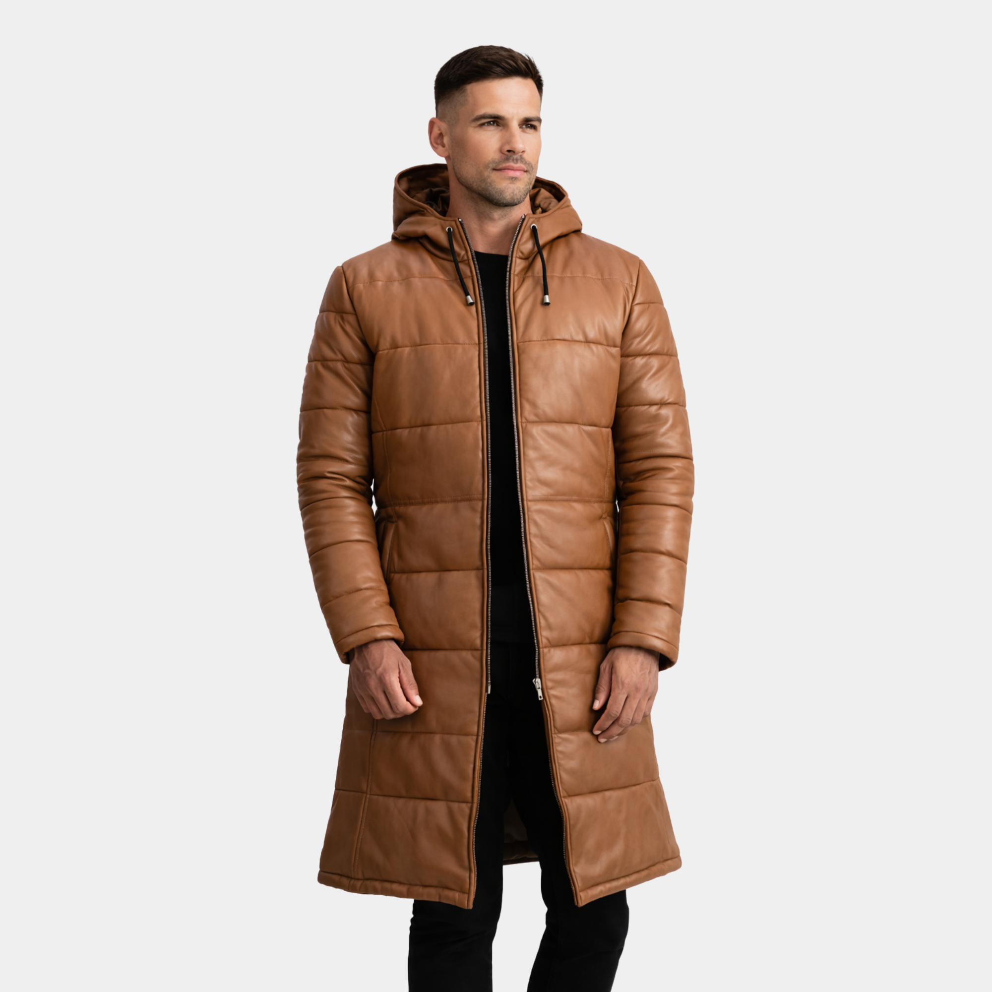 Floyd Tan Hooded Leather Puffer Coat - Leather Clan