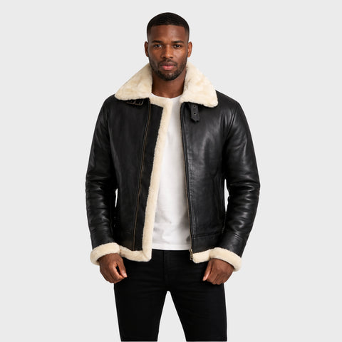 Francis B-3 Black & Cream Leather Bomber Jacket