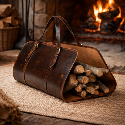 Full-Grain Brown Leather Firewood Log Carrier
