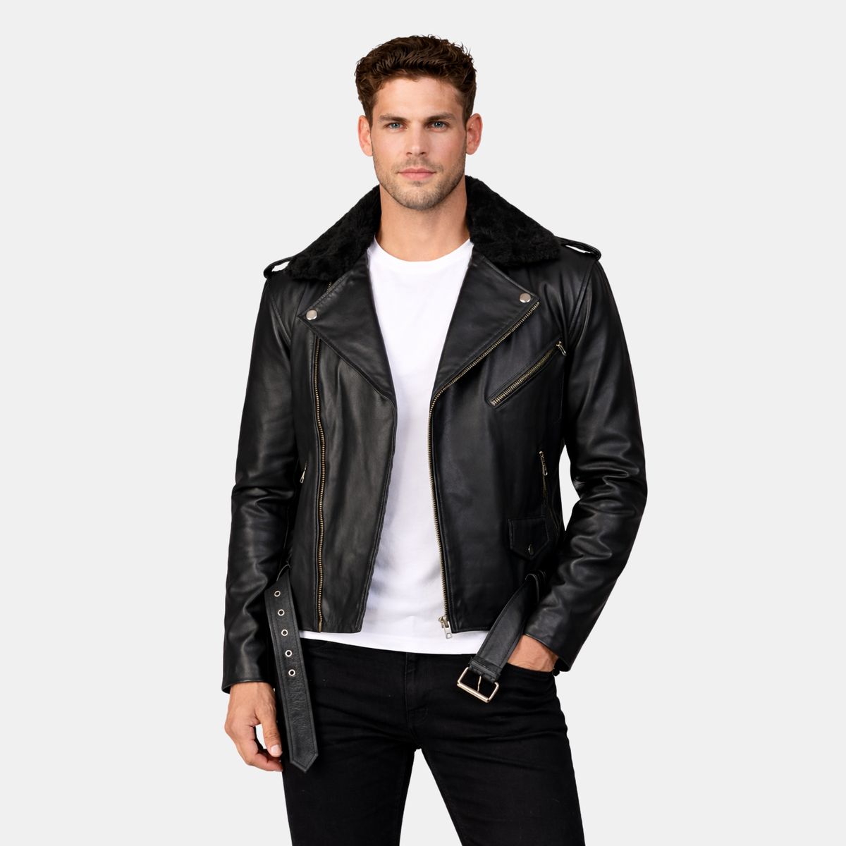 Furton Black Leather Biker Jacket