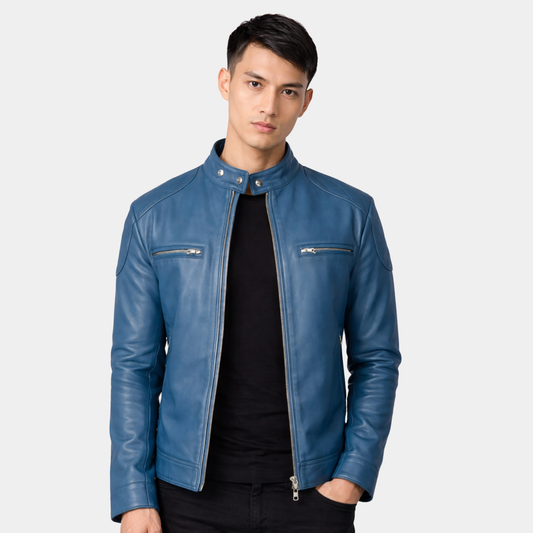 Gatsby Blue Leather Biker Jacket