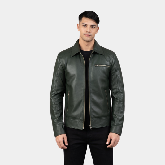 Lavendard Green Leather Biker Jacket