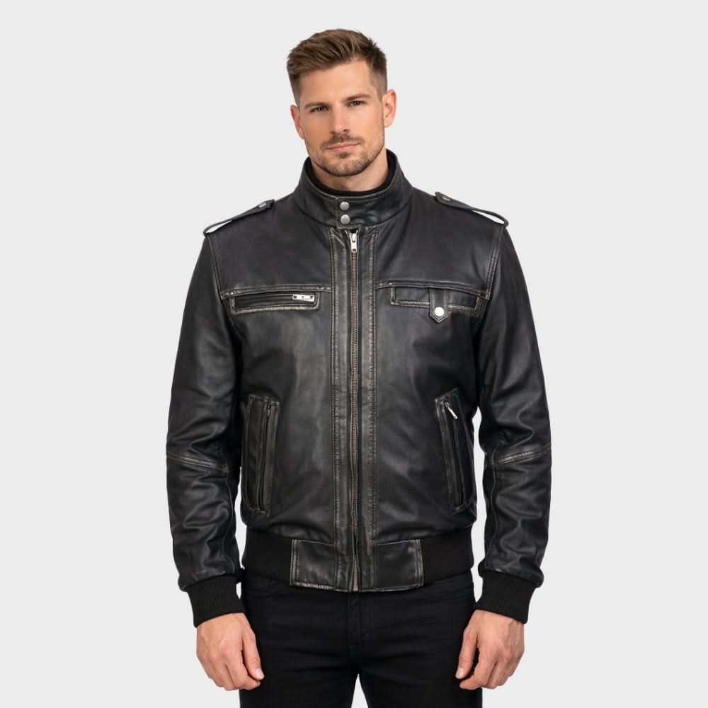Glen Street Black Leather Bomber Jacket