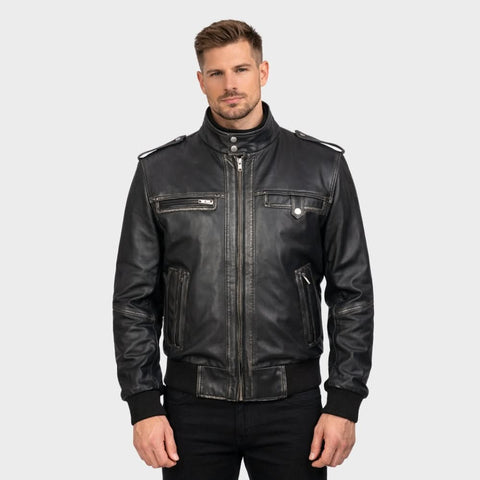 Glen Street Black Leather Bomber Jacket