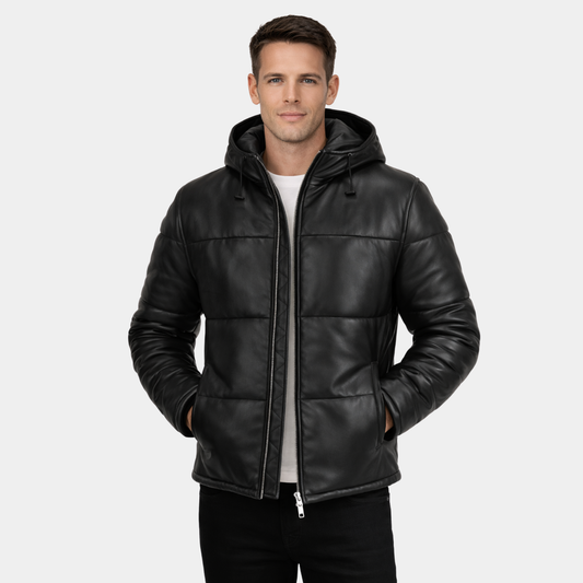 Gordon Black Hooded Leather Puffer Jacket - Leather Clan