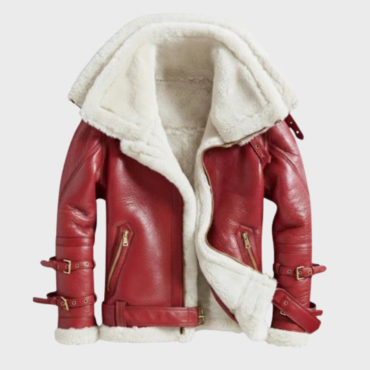 Handmade Christmas Leather Bomber Jacket – Red Santa Style Winter Coat – Festive Holiday Outerwear for Men