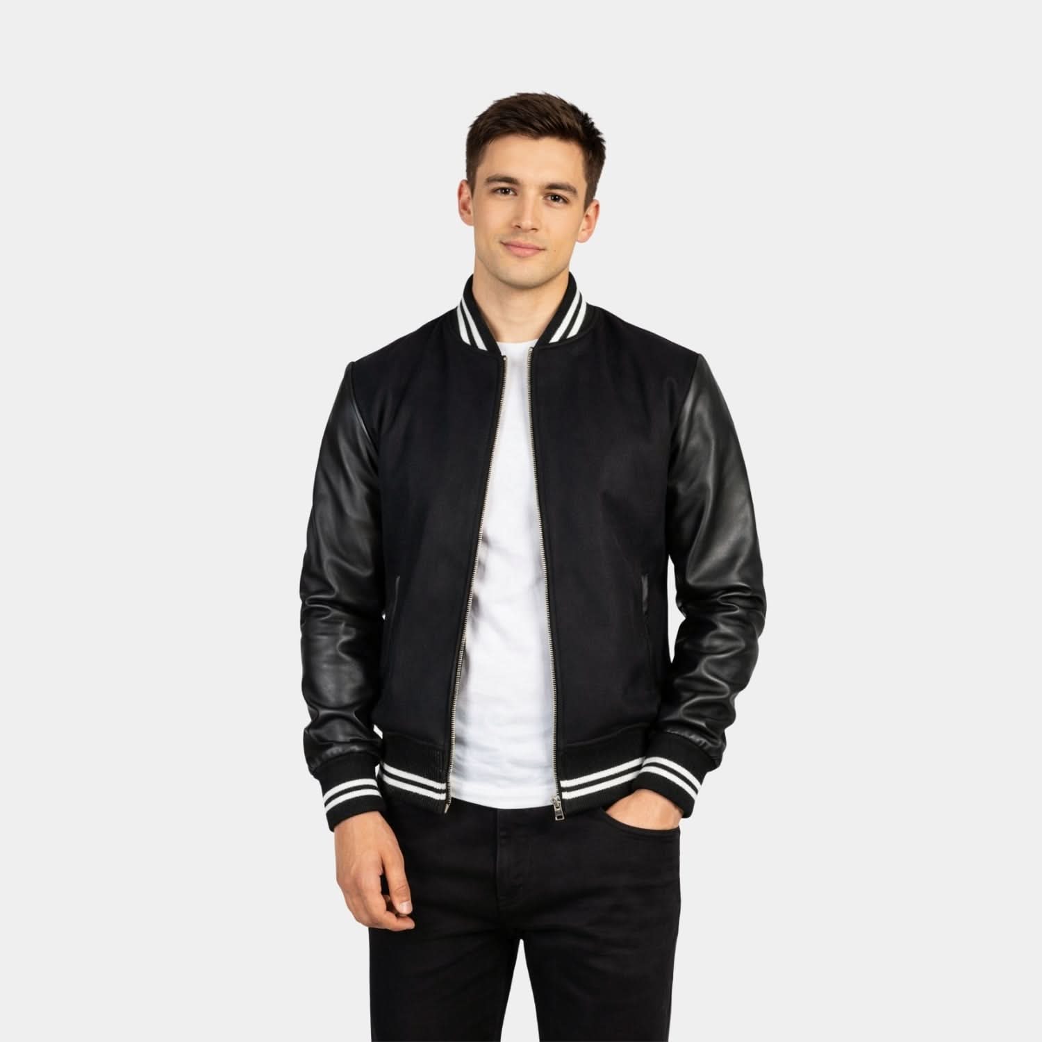 Harrison Black Hybrid Varsity Jacket - Leather Clan