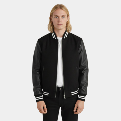 Harrison Black Hybrid Varsity Jacket - Leather Clan