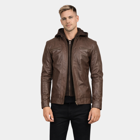 Hector Brown Hooded Leather Biker Jacket