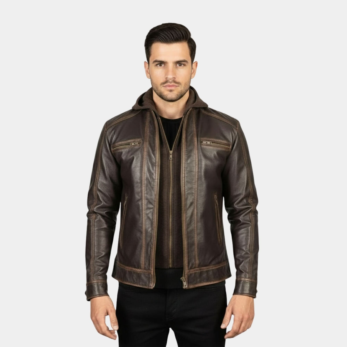 Hector Vintage Brown Hooded Leather Biker Jacket