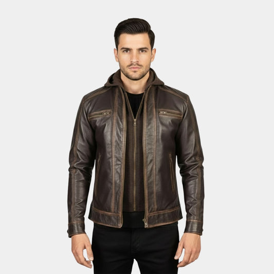 Hector Vintage Brown Hooded Leather Biker Jacket