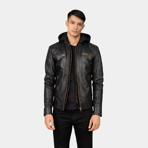 Hector Black Hooded Leather Biker Jacket