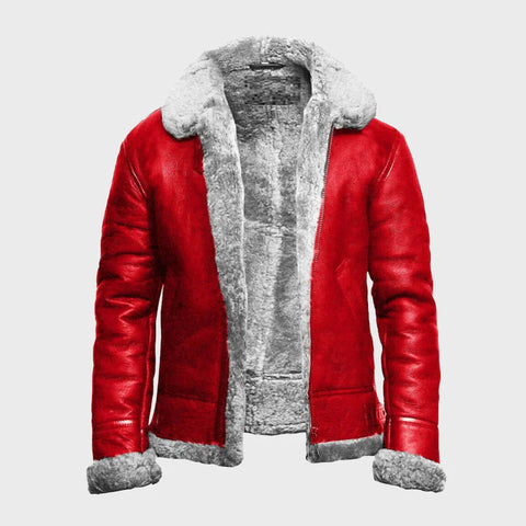 Holiday Christmas Red Bomber Aviator Jacket | Fur Collar Genuine Leather Jacket