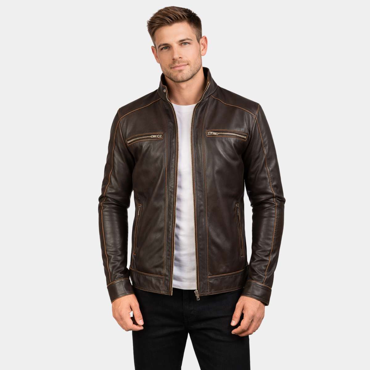 Hudson Brown Leather Biker Jacket