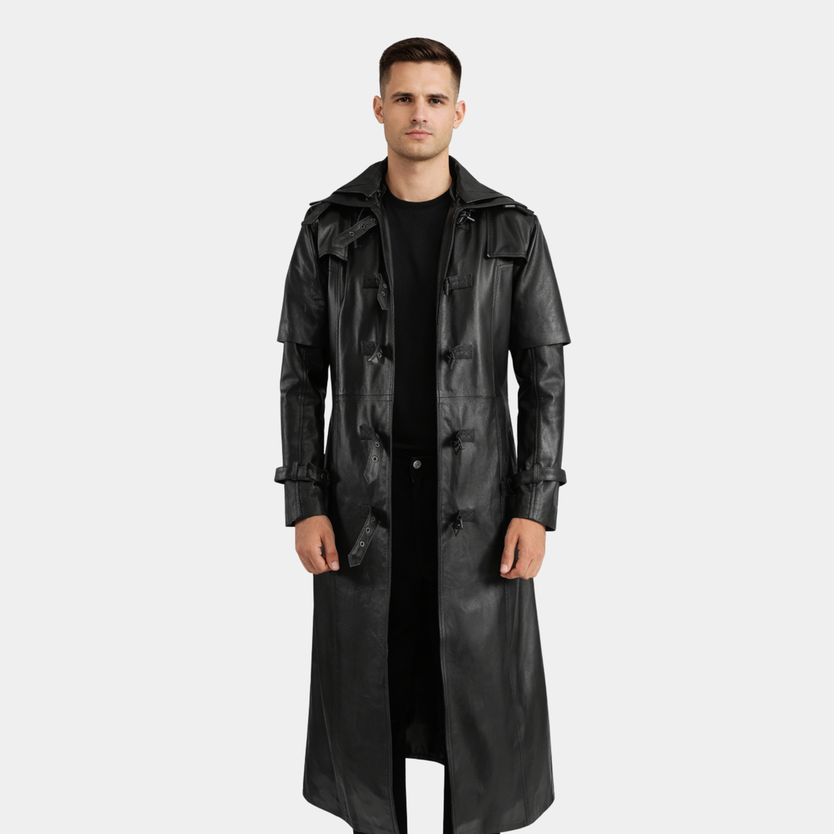 Huntsman Black Hooded Leather Trench Coat