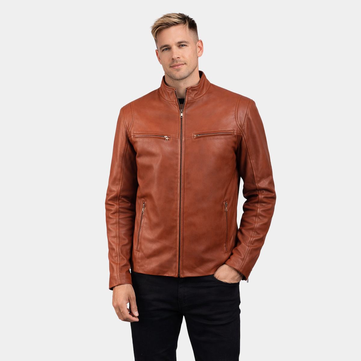 Ionic Tan Brown Leather Biker Jacket