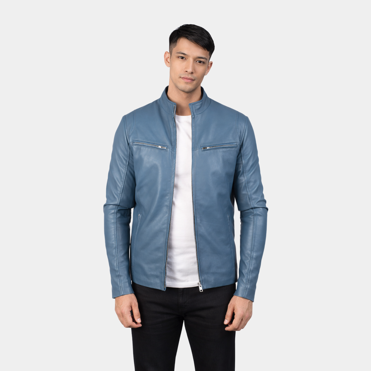 Ionic Blue Leather Biker Jacket