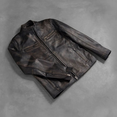[LC] Ionic Distressed Brown Leather Biker Jacket