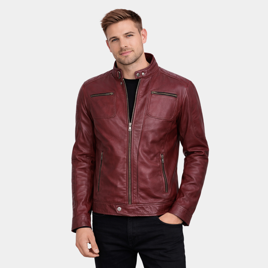 Jade Mens Maroon Zip-Up Bomber Leather Jacket