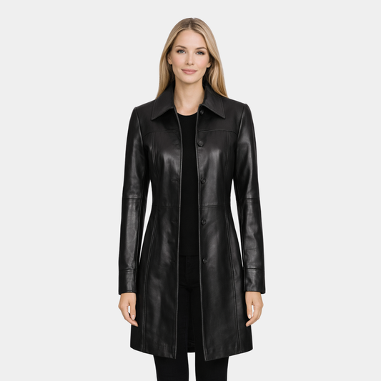 Kandis Womens Black Leather Car Coat