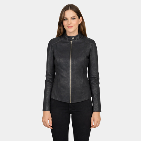 Kelsee Distressed Black Leather Biker Jacket