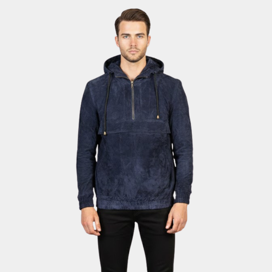 Kenton Hooded Blue Suede Pullover Jacket - Leather Clan