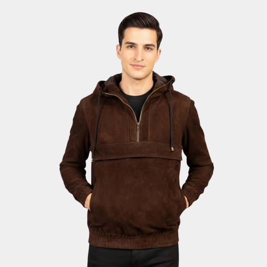 Kenton Hooded Mocha Suede Pullover Jacket - Leather Clan