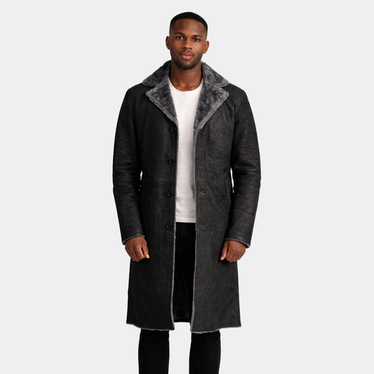 Kolby Distressed Black Leather Shearling Coat
