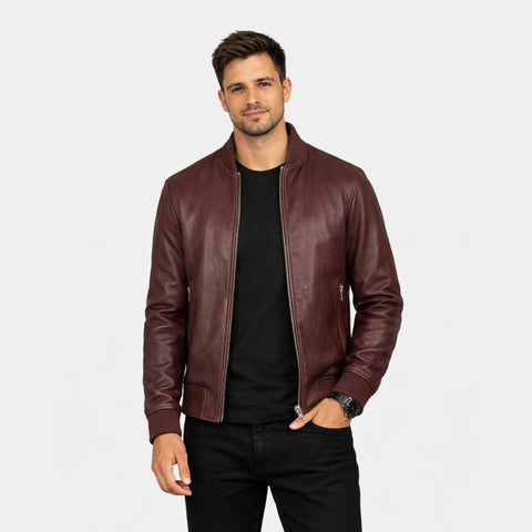 [LC] Shane Maroon Leather Bomber Jacket