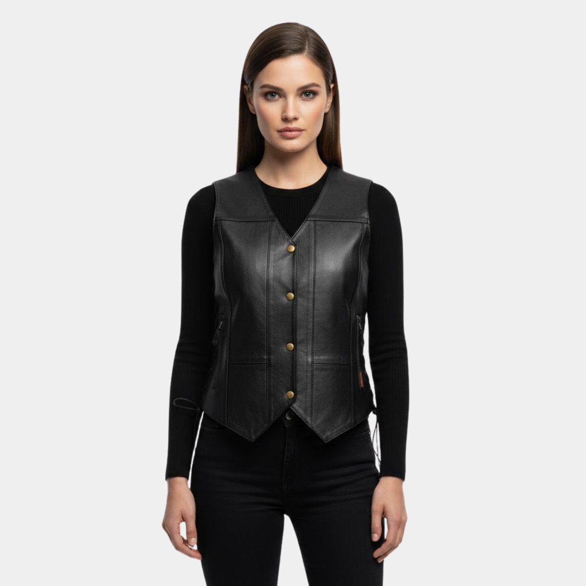 Ladies Black Motorcycle Ten Pocket Leather Biker Vest