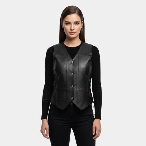 Ladies Black Motorcycle Ten Pocket Leather Biker Vest