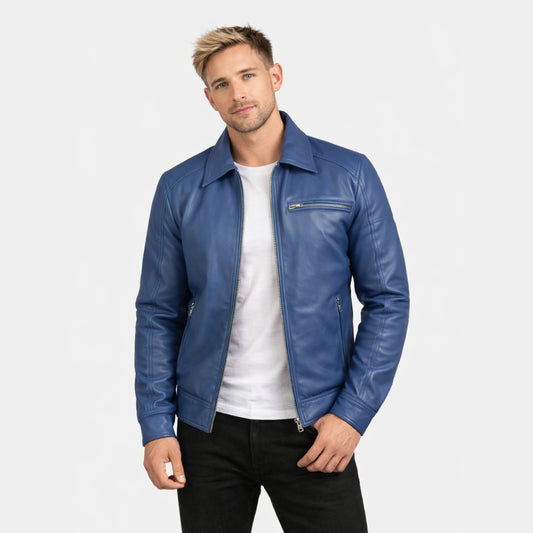 Lavendard Blue Leather Biker Jacket