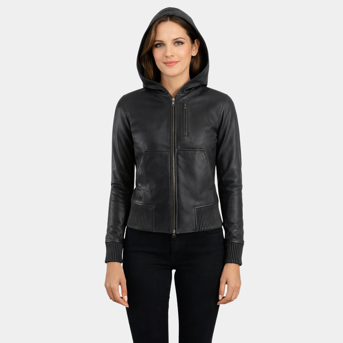 Luna Black Hooded Leather Bomber Jacket