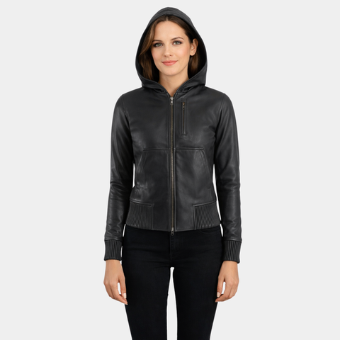 Luna Black Hooded Leather Bomber Jacket