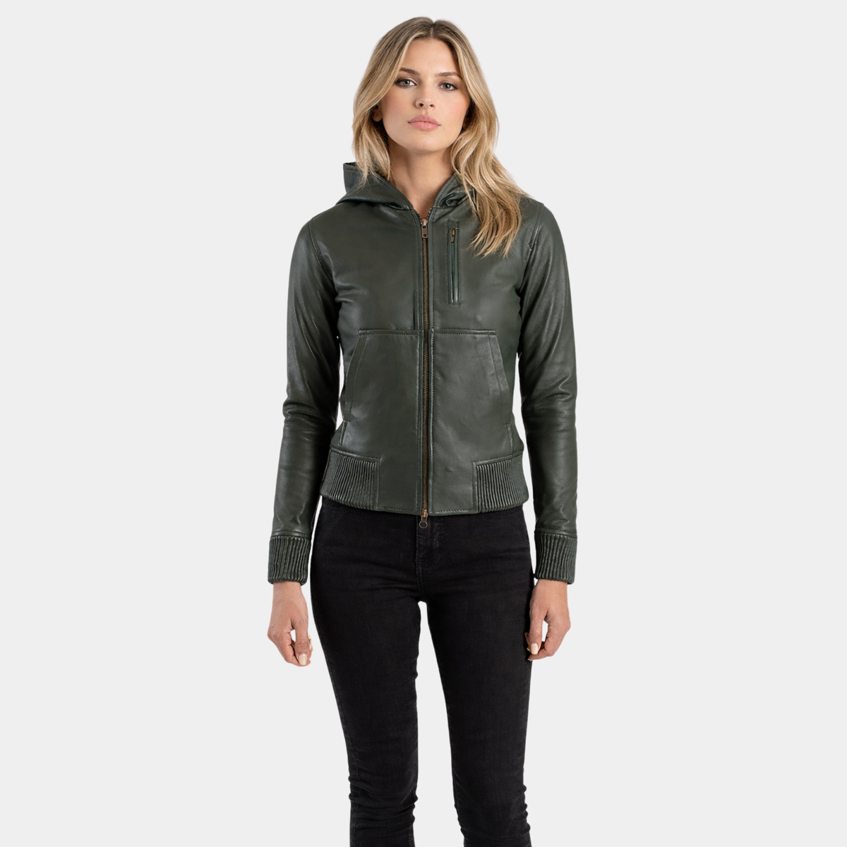 Luna Green Hooded Leather Bomber Jacket