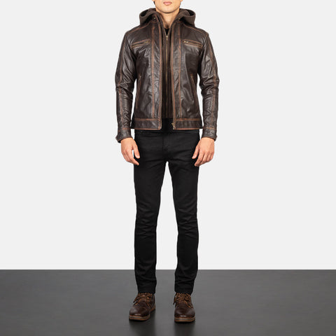 Hector Vintage Brown Hooded Leather Biker Jacket