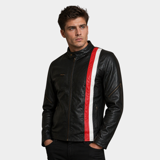 Men's Black Biker Leather Jacket  with Strips â€“ Motorcycle Casual Style