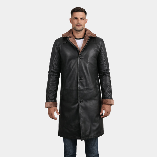 Men's Black Genuine Lambskin Leather Long Coat