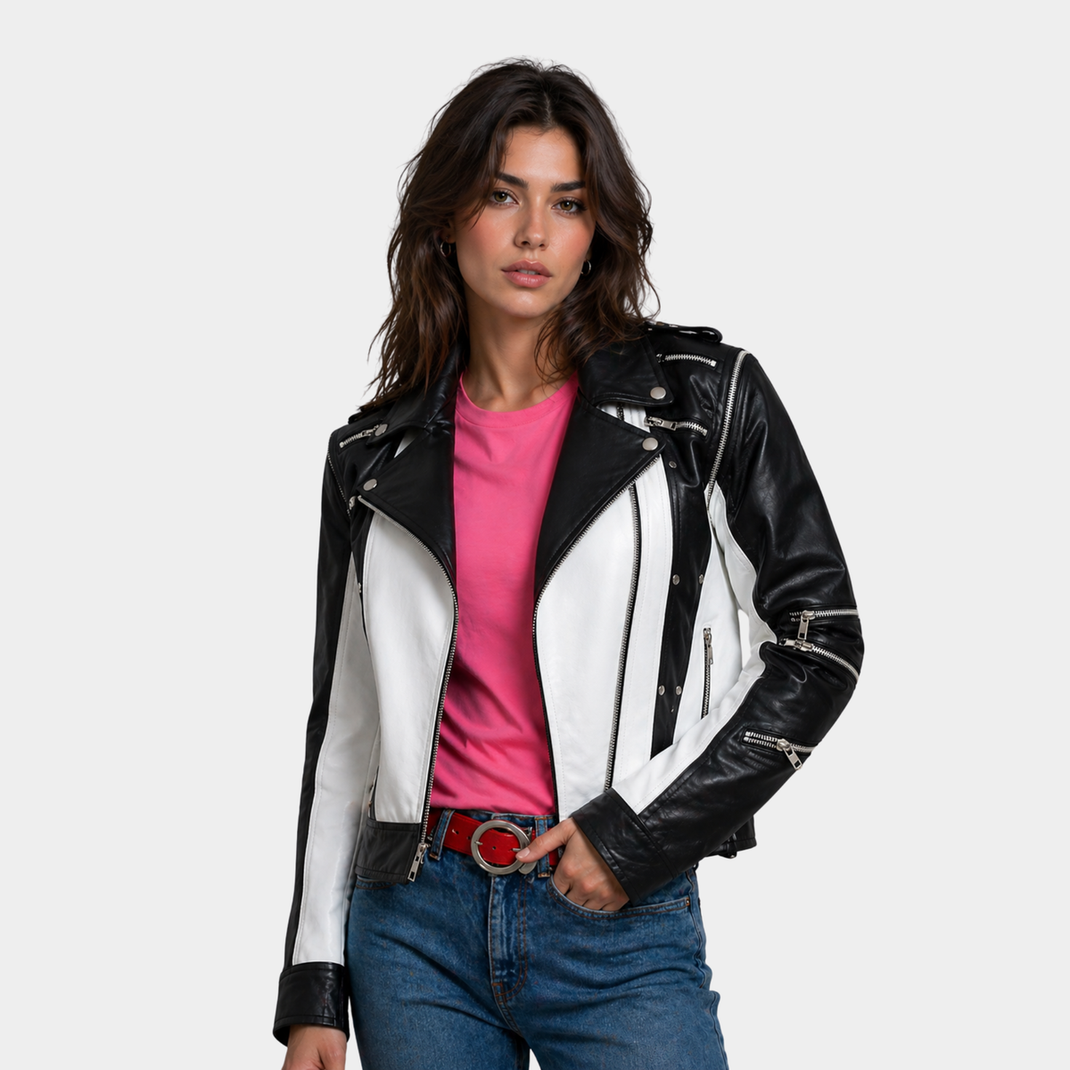 Women's Black & White Leather Jacket – Classic Casual Style