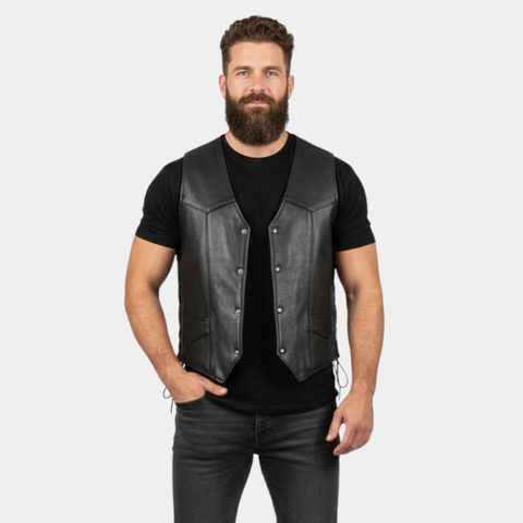 Men's Black Motorcycle Leather Vest - Buster Side Lace