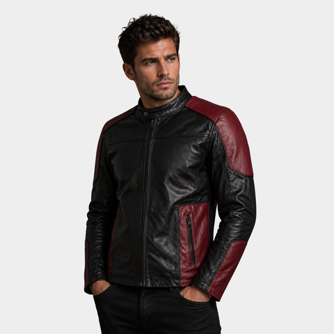 Men's Black & Maroon Cafe Racer Leather Jacket – Moto Casual Style