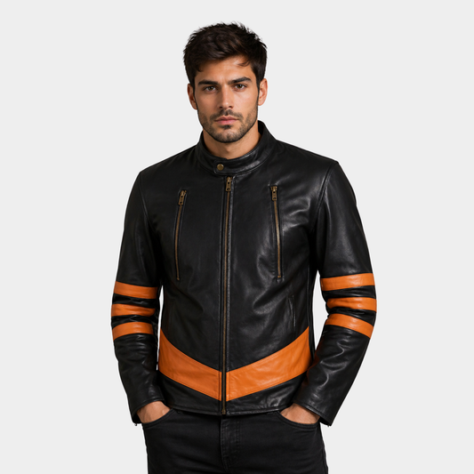 Men's Black & Orange Leather Jacket | Classic Casual Style