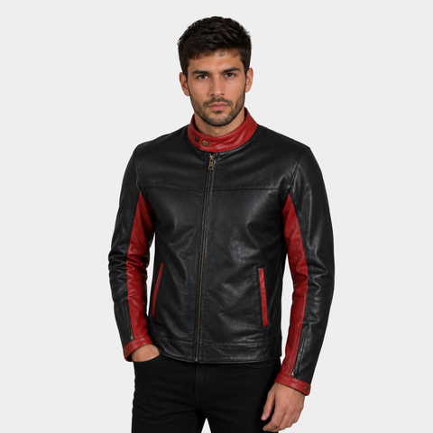 Men's Black & Red Casual Motorcycle Leather Jacket