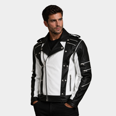 Men's Black & White Leather Jacket â€“ Classic Casual Style