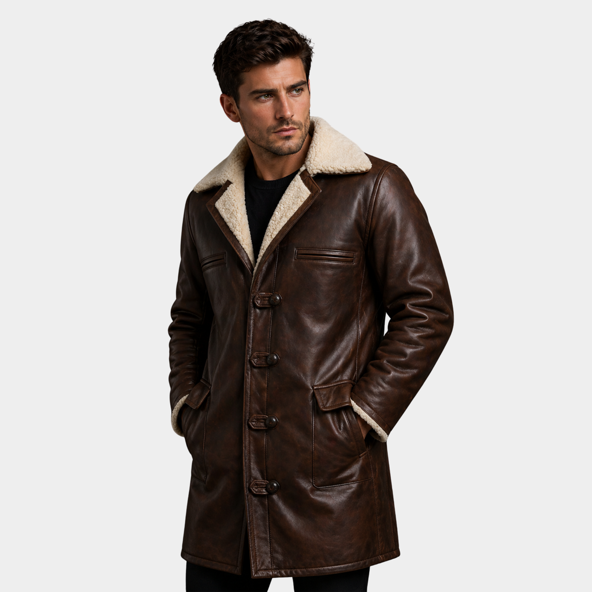 Men's Brown Leather Coat with Fur – Winter Casual Style