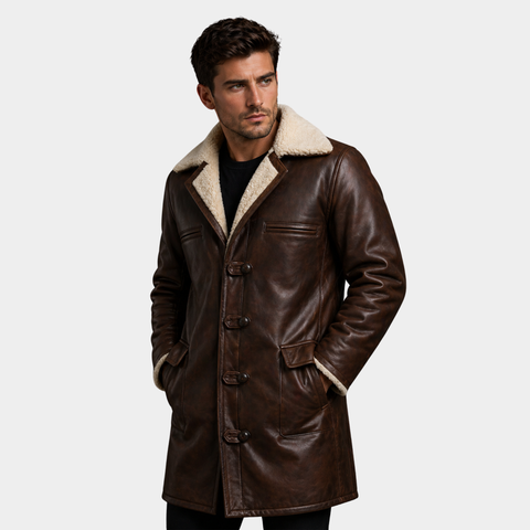Men's Brown Leather Coat with Fur – Winter Casual Style