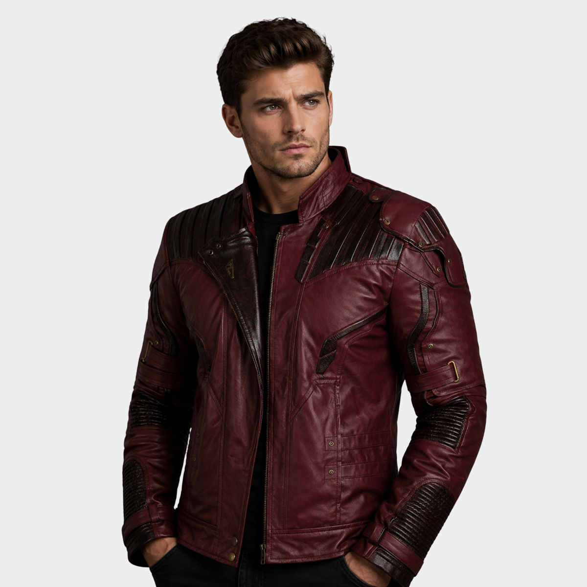 Men's Burgundy & Black Leather Jacket â€“ Classic Casual Style