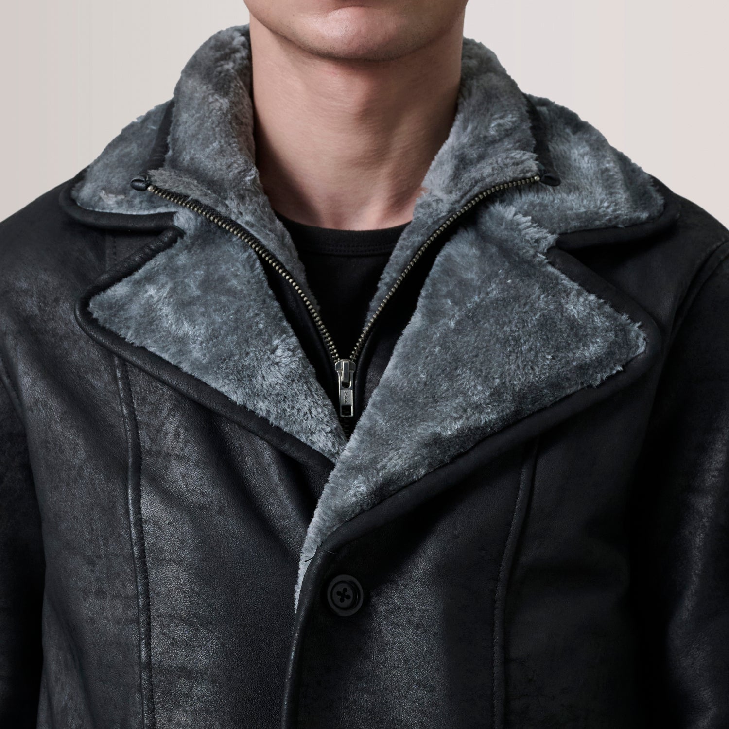 Cai Distressed Black Leather Shearling Coat